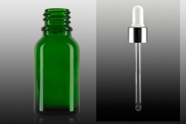 15 ml Glasflasche grün transparent mit Aluminium Tropfer silber glänzend
