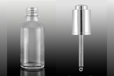 15 ml Glasflasche mit Pipette und Druck Pumpe ABS silber metallisiert S51