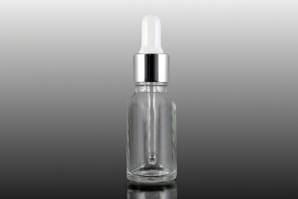 15 ml Glasflasche klar mit Aluminium Tropfer silber glänzend S42